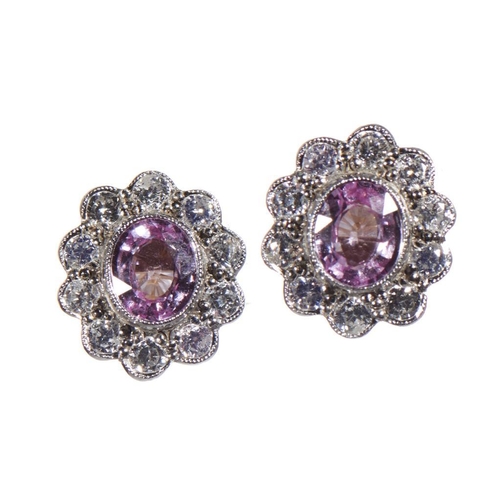 103 - A PAIR OF PINK SAPPHIRE AND DIAMOND EARRINGS in gold, 12 x 11mm, marked 18ct, 3g