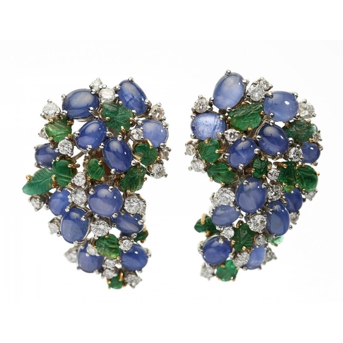 106 - A PAIR OF CAT'S EYE SAPPHIRE, CARVED EMERALD AND DIAMOND EARRINGS in two colour gold, 38mm, signed K... 