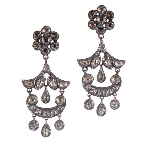 108 - A PAIR OF GEORGIAN DIAMOND EARRINGS, 18TH/EARLY 19TH C fully articulated, 45mm, 15.2g