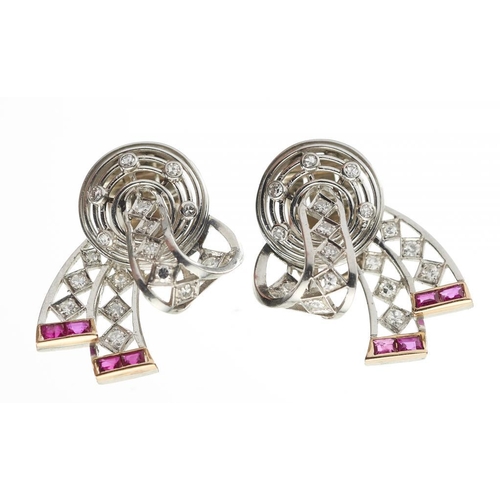 110 - A PAIR OF DIAMOND AND RUBY EARRINGS in platinum, clip fittings, 26mm, unmarked, 12.6g