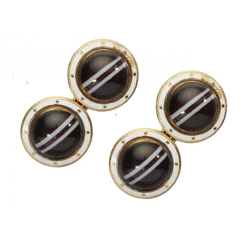 112 - A PAIR OF BANDED AGATE CABOCHON SET GOLD AND WHITE ENAMEL CUFF LINKS, C 1900 12mm diam, marked 18, c... 