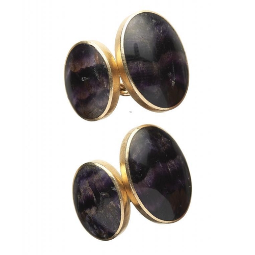 113 - A PAIR OF BLUE JOHN CUFFLINKS mounted in 9ct gold, 16mm, maker DSU, London 1991, 11g