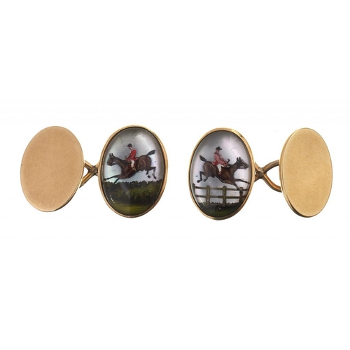 114 - A PAIR OF VICTORIAN REVERSE PAINTED CRYSTAL INTAGLIO 'HUNTING' CUFFLINKS in gold, 12mm, indistinctly... 