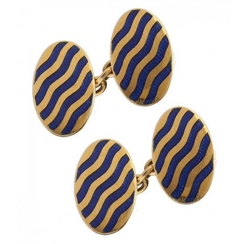 115 - A PAIR OF GOLD AND BLUE GUILLOCHE ENAMEL CUFFLINKS, EARLY 20TH C, 18mm, marked 18ct, 8g... 