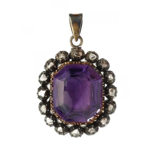 62 - AN AMETHYST AND DIAMOND PENDANT, LATE 19TH C 38mm including loop, 18.6g