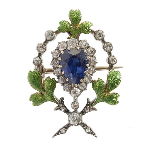 64 - A SAPPHIRE, DIAMOND AND TRANSLUCENT ENAMEL BROOCH PENDANT, C 1900 reverse inscribed From C.M.L. Dec ... 