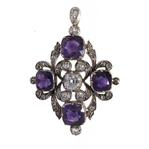 66 - A VICTORIAN AMETHYST AND DIAMOND PENDANT with diamond loop, 43mm including loop, 5.95g