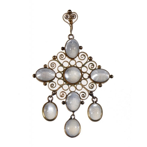 67 - A MOONSTONE FILIGREE PENDANT in gold, 48mm, unmarked, 3.7g