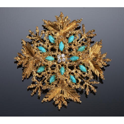 70 - A DIAMOND, TURQUOISE AND GOLD BROOCH 57mm, marked 750, 26.8g