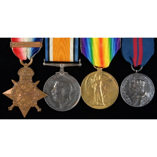 847 - WORLD WAR ONE GROUP OF FOUR 1914 Star and clasp, British War Medal, Victory Medal and Coronation Med... 