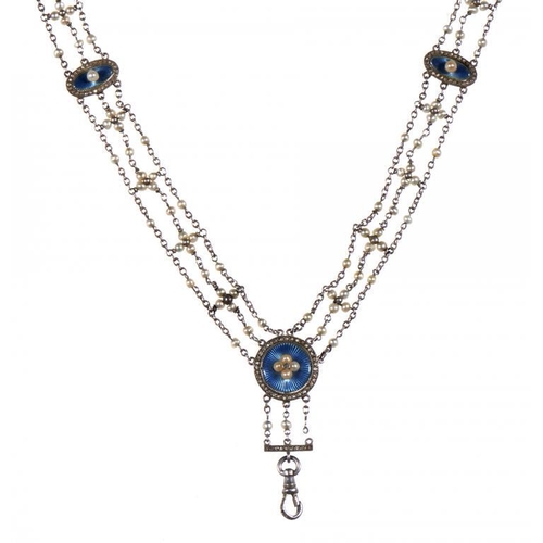 86 - A DIAMOND, PEARL, PLATINUM, WHITE GOLD AND BLUE GUILLOCHE ENAMEL NECKLACE, C 1920 in white gold, 36c... 