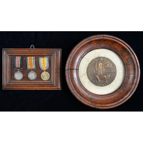 885 - WORLD WAR ONE M M GROUP OF THREE AND PLAQUE  Military Medal, British War Medal and Victory Medal 950... 