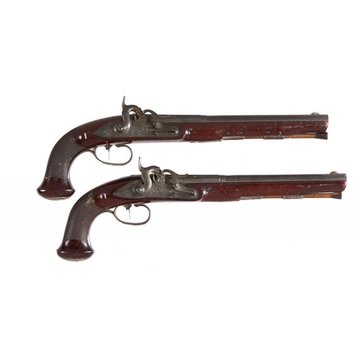 899 - A PAIR OF GERMAN 18 BORE SILVER MOUNTED PERCUSSION PISTOLS, 19TH C  the 29cm swamped, rifled barrel ... 