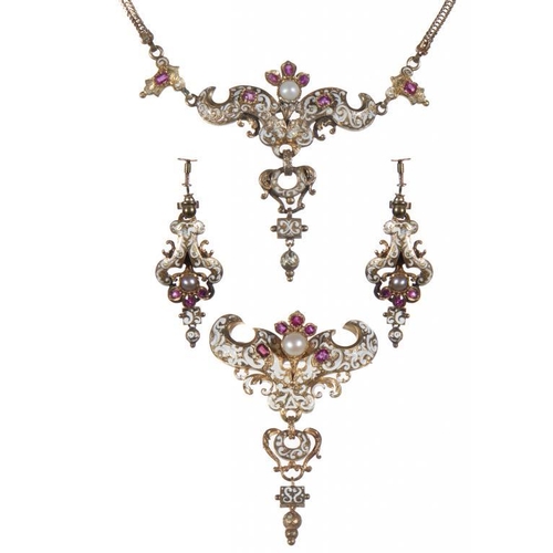 90 - AN AUSTRO-HUNGARIAN RUBY, PEARL AND ENAMEL PARURE in gold and white gold necklace, necklace 30cm, br... 