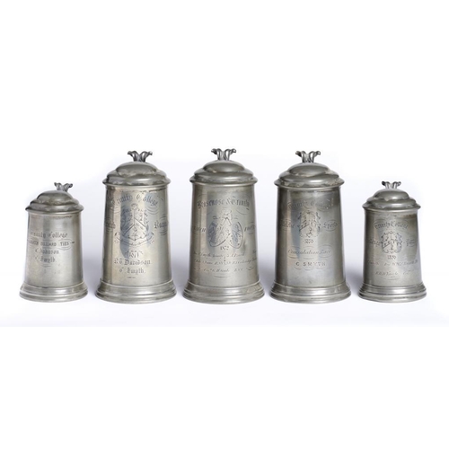 906 - FIVE VICTORIAN PEWTER OXFORD COLLEGE PRIZE TANKARDS, 1870-2 comprising Trinity College Challenge Pai... 