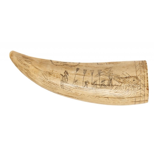 908 - 19TH CENTURY SCRIMSHAW.  A WHALE'S TOOTH  decorated with a whale and whalers in a boat, a ship to th... 