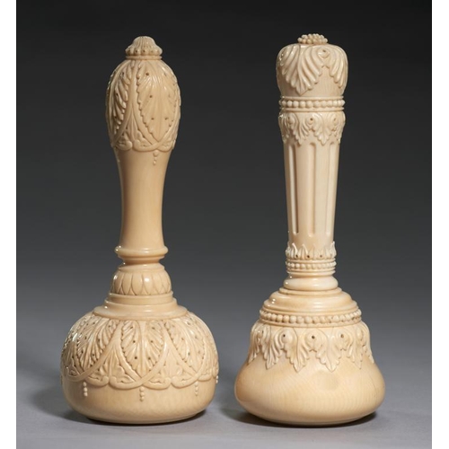 912 - TWO VICTORIAN TURNED AND CARVED IVORY MALLETS, C1900 16.5cm h�