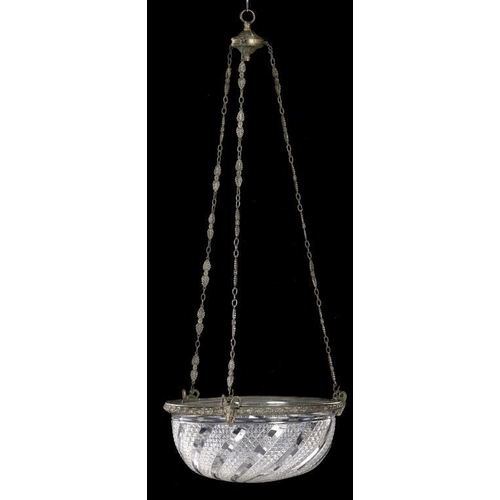 915 - AN ENGLISH NEO CLASSICAL STYLE BRASS AND CUT GLASS HANGING LIGHT, EARLY 20TH C  suspended from chain... 