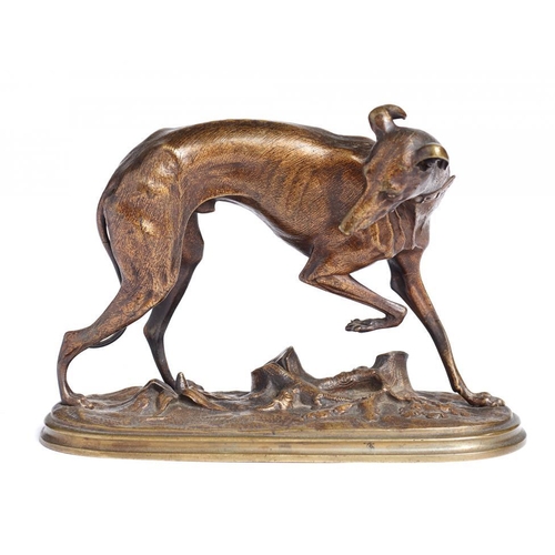 919 - A FRENCH BRONZE SCULPTURE OF A GREYHOUND, EARLY 20TH C  cast from a model by Gustave Trouillard, lig... 