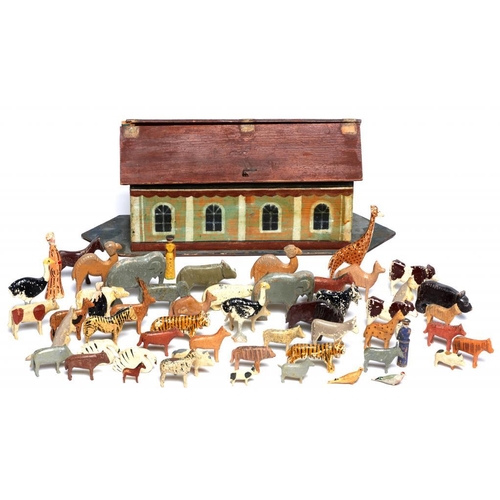 920A - A GERMAN PAINTED WOOD FLAT BOTTOMED NOAH'S ARK, LATE 19TH C 47cm l and a quantity of contemporary pa... 