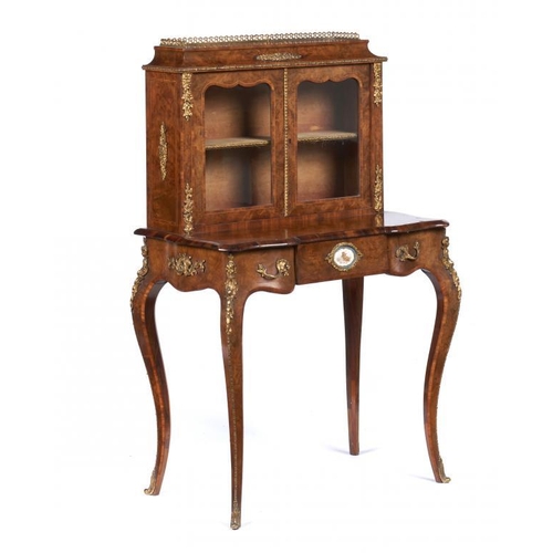 933 - A VICTORIAN WALNUT AND TULIPWOOD BONHEUR DE JOUR, C1870  with gilt brass mounts, the drawer to the a... 