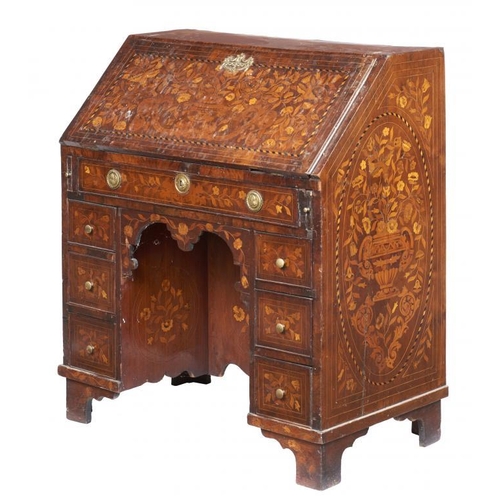 935 - A DUTCH WALNUT AND FLORAL MARQUETRY BUREAU, LATE 18TH C  both sides similarly decorated with comical... 