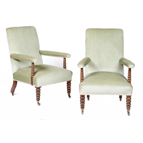 937 - A PAIR OF VICTORIAN MAHOGANY BOBBIN TURNED OPEN ARMCHAIRS, C1850   on brass castors, 90cm h... 