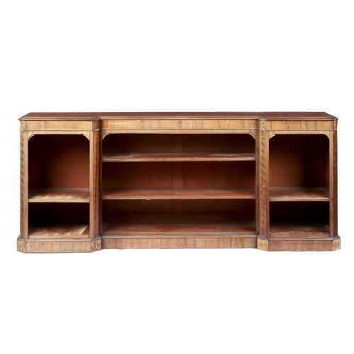 942 - A WILLIAM IV GONCALO  ALVES  BREAKFRONT BOOKCASE, C1830-40  with panelled sides, 91cm h; 49 x 221cm ... 