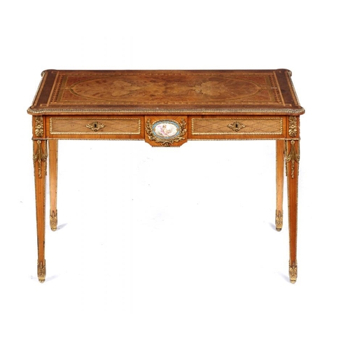 957 - A VICTORIAN GILT BRASS MOUNTED KINGWOOD, TULIPWOOD AND  MARQUETRY WRITING TABLE  in Louis XVI style,... 