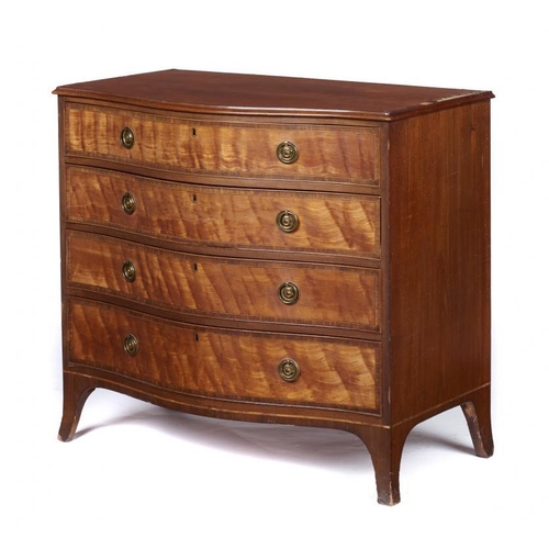 967 - A  VICTORIAN SERPENTINE SATINWOOD, MAHOGANY AND ROSEWOOD COMMODE, C1880  the top with figured mahoga... 