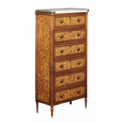 968 - A DUTCH BRASS MOUNTED MAHOGANY AND 'OYSTER' VENEERED  CHEST OF DRAWERS, LATE 18TH C  with white marb... 