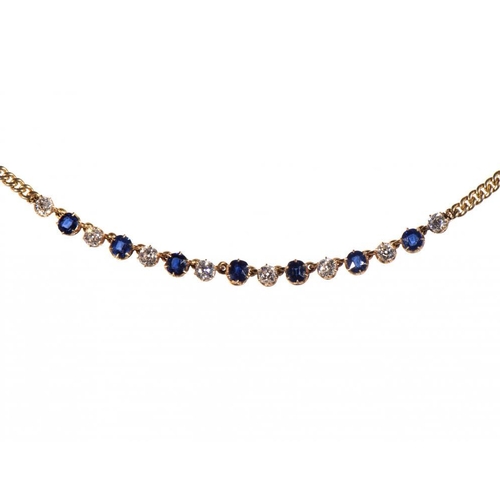 97 - A DIAMOND AND SAPPHIRE NECKLACE with round and cushion shaped old cut diamonds and cushion shaped sa... 