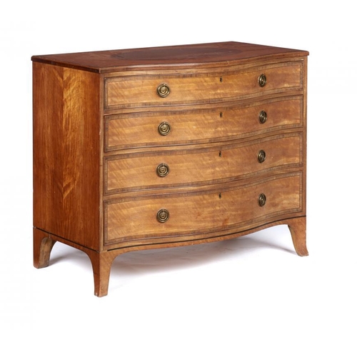 970 - A VICTORIAN SERPENTINE SATINWOOD, MAHOGANY AND ROSEWOOD  COMMODE,   C1880  the top with figured maho... 