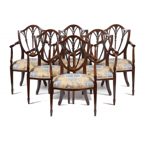 977 - A SET OF SIX SCOTTISH GEORGE III MAHOGANY AND INLAID ELBOW CHAIRS, EDINBURGH, C1790 the shield back ... 