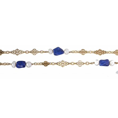 98 - A LAPIS LAZULI AND CULTURED PEARL NECKLACE in gold, 200cm, marked 14k, 95.4g