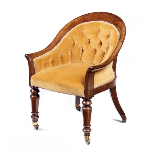 987 - A VICTORIAN MAHOGANY BERGERE  on turned forelegs with brass castors, 84cm h