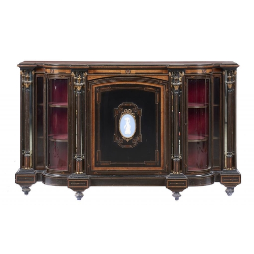 995 - A VICTORIAN EBONISED, AMBOYNA AND LINE INLAID SIDE CABINET, C1870  with gilt brass mounts, the panel... 