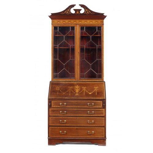 997 - AN EDWARD VII MAHOGANY, SATINWOOD AND INLAID BUREAU BOOKCASE, C1905 the bureau with oak fitted inter... 