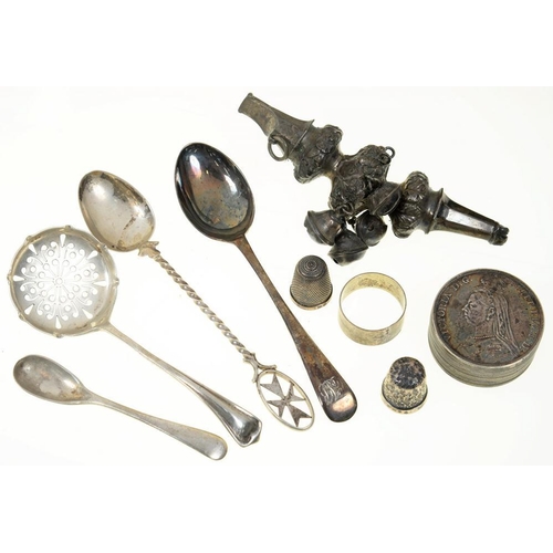 104 - MISCELLANEOUS SILVER FLATWARE AND OTHER ARTICLES, VICTORIAN AND LATER, TO INCLUDE A BABY'S RATTLE AN... 