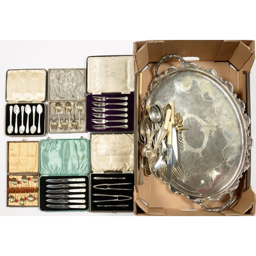 122 - MISCELLANEOUS PLATED WARE, INC CASED FLATWARE, TEA TRAY, ETC