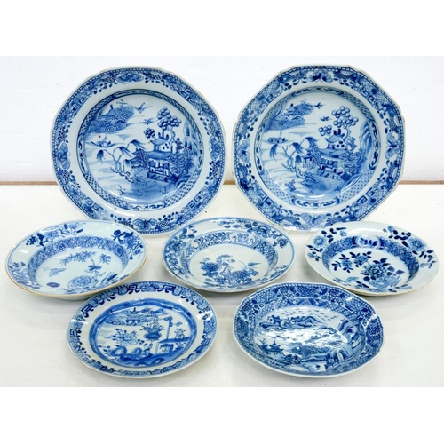 130 - SEVEN CHINESE EXPORT BLUE AND WHITE PLATES AND DISHES, VARIOUS SIZES, LATE 18TH C