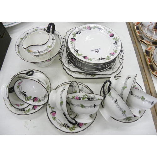 167 - A SHELLEY BONE CHINA TEA SERVICE, DECORATED WITH ROSES, BLACK DENTIL RIMS AND HANDLES, THE SERVICE I... 