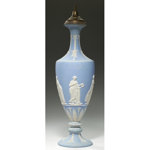 188 - A WEDGWOOD BLUE JASPER DIP VASE, C1880, ornamented with the figures of five muses, 46.5cm h excludin... 