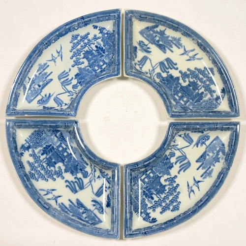 190 - A SET OF FOUR JOHN ROGERS AND SON BLUE PRINTED EARTHENWARE SEGMENTAL DISHES FROM A SUPPER SET, 32CM ... 