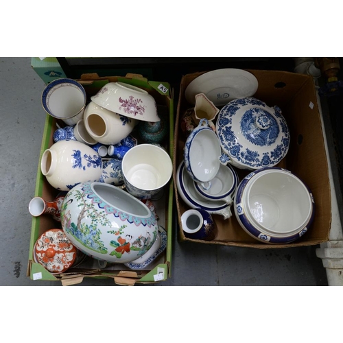 220 - MISCELLANEOUS CERAMICS, INCLUDING A FAMILLE ROSE STYLE JARDINIERE, MASON'S BOWL, DELFT VASE, ETC... 