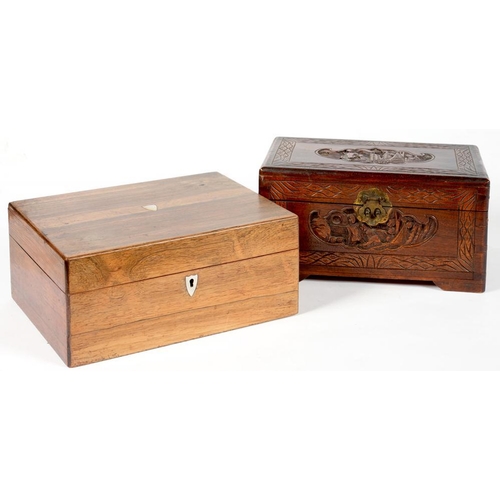 228 - A VICTORIAN ROSEWOOD WRITING BOX, 30CM L AND A CHINESE CARVED CAMPHOR WOOD BOX