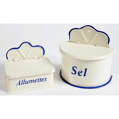 231 - TWO FRENCH BLUE AND WHITE JAPANNED WALL HANGING SALT AND MATCHES BOXES, 16CM L AND SMALLER 