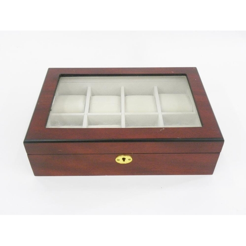 235 - A MAHOGANY VENEERED WRISTWATCH DISPLAY CASE, 30CM L