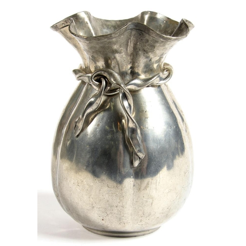 236 - A FRENCH PEWTER SACK SHAPED VASE, 19.5CM H, STAMPED FACSIMILE SIGNATURE 