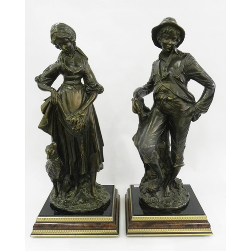 249 - A PAIR OF BRONZED FIGURES OF A YOUTH AND GIRL, IN FRENCH 19TH C STYLE, ON EBONISED AND WALNUT PLINTH... 